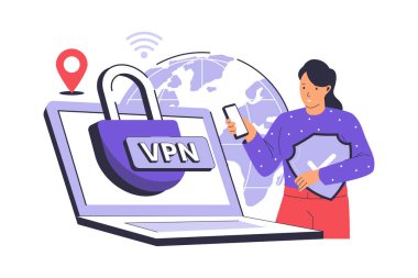 VPN servis illüstrasyon konsepti. Web siteleri, iniş sayfaları, mobil uygulamalar, posterler ve afişler için illüstrasyon. Moda düz vektör illüstrasyonu