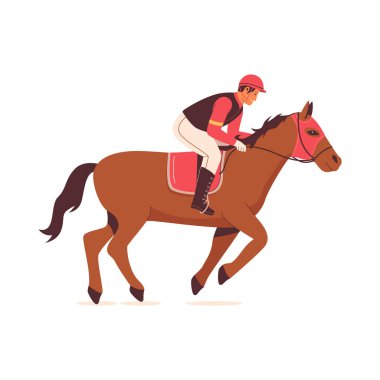 Jokeyler yarış atı sürüyor. Web siteleri, iniş sayfaları, mobil uygulamalar, posterler ve afişler için illüstrasyon. Moda düz vektör illüstrasyonu