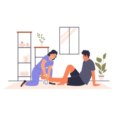 Yaralı rehabilitasyon konsepti çizimi. Web siteleri, iniş sayfaları, mobil uygulamalar, posterler ve afişler için illüstrasyon. Moda düz vektör illüstrasyonu