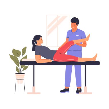 Fizyoterapi rehabilitasyon vektör çizimi. Web siteleri, iniş sayfaları, mobil uygulamalar, posterler ve afişler için illüstrasyon. Moda düz vektör illüstrasyonu
