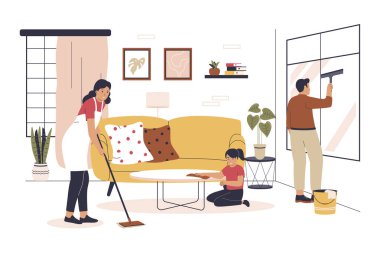 Aile temizliğinin düz tasarımı. Web siteleri, iniş sayfaları, mobil uygulamalar, posterler ve afişler için resim. Moda düz vektör illüstrasyonu