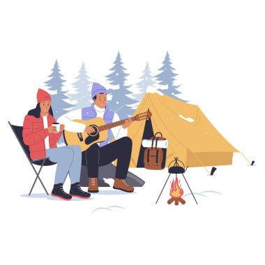 Kış kampında kamp ateşi olan insanların düz tasarımı. Web siteleri, iniş sayfaları, mobil uygulamalar, posterler ve afişler için illüstrasyon. Moda düz vektör illüstrasyonu