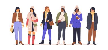 Kadınlar moda kış kıyafetleri giyer. Web siteleri, iniş sayfaları, mobil uygulamalar, posterler ve afişler için resim. Moda düz vektör illüstrasyonu