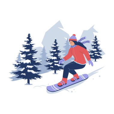Tepe boyunca snowboard yapan bir kız. Web siteleri, iniş sayfaları, mobil uygulamalar, posterler ve afişler için illüstrasyon. Moda düz vektör illüstrasyonu