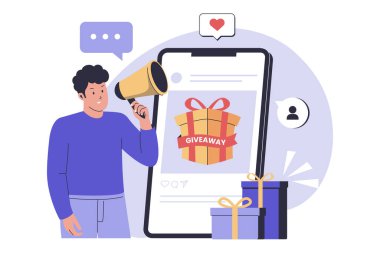 Sosyal medya paylaşımı konsepti illüstrasyonu. Web sitesi için resim, iniş sayfası, mobil uygulama, poster ve afiş. Moda düz vektör illüstrasyonu