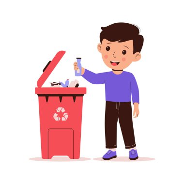 Küçük komik çocuk çöpe çöp atıyor. Moda düz vektör illüstrasyonu