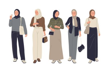 Vector set of stylish muslim women. Female muslim hijab dress collection. Flat vector illustration isolated on white background