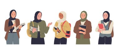 Türbanlı üniversite öğrencisinin düz tasarımı. Web siteleri, iniş sayfaları, mobil uygulamalar, posterler ve afişler için illüstrasyon. Moda düz vektör illüstrasyonu