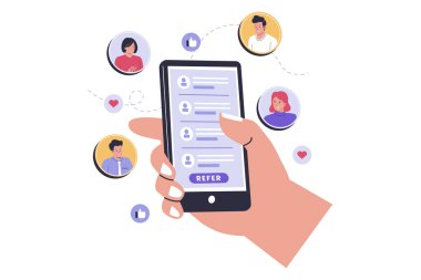 Arkadaş programı illüstrasyon kavramına atıfta bulun. Web siteleri, iniş sayfaları, mobil uygulamalar, posterler ve afişler için çizimler. Moda düz vektör çizimleri