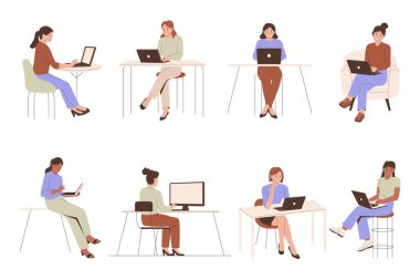 Dizüstü bilgisayarla çalışan kadın koleksiyonu. Web siteleri, iniş sayfaları, mobil uygulamalar, posterler ve afişler için çizimler. Moda düz vektör çizimleri