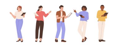 Tablet tutan kişi koleksiyonunu ayarlayın. Web siteleri, iniş sayfaları, mobil uygulamalar, posterler ve afişler için çizimler. Moda düz vektör çizimleri