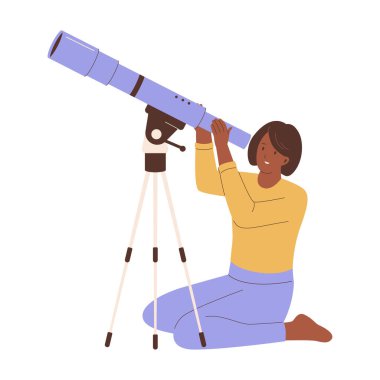 Teleskopla bakan bir kadın. Web siteleri, iniş sayfaları, mobil uygulamalar, posterler ve afişler için çizimler. Moda düz vektör çizimleri