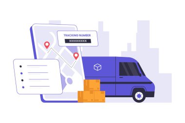 Paket nakliyat takibi tasviri. Web siteleri, iniş sayfaları, mobil uygulamalar, posterler ve afişler için çizimler. Moda düz vektör çizimleri