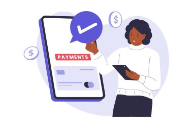 Ödeme başarılı bir şekilde resmedildi. Web siteleri, iniş sayfaları, mobil uygulamalar, posterler ve afişler için çizimler. Moda düz vektör çizimleri