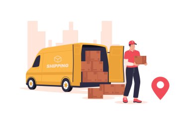 Teslimat paketinin tasviri. Web siteleri, iniş sayfaları, mobil uygulamalar, posterler ve afişler için çizimler. Moda düz vektör çizimleri