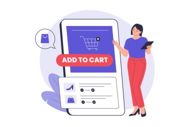 Sepet vektör illüstrasyonuna ekle. Web siteleri, iniş sayfaları, mobil uygulamalar, posterler ve afişler için çizimler. Moda düz vektör çizimleri