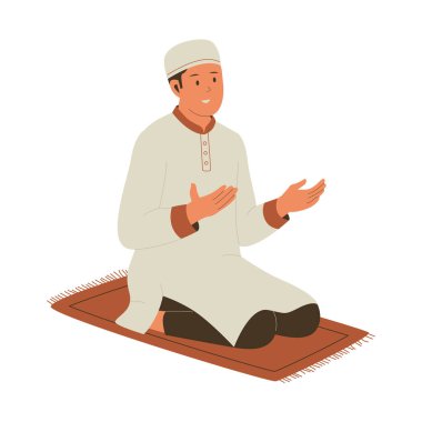 Müslüman bir erkeğin dua edişinin tasviri. Web siteleri, iniş sayfaları, mobil uygulamalar, posterler ve afişler için çizimler. Moda düz vektör çizimleri