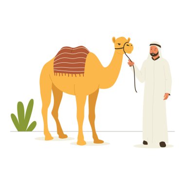 Geleneksel Arap kıyafetleri içinde deve ile insan tasviri. Web siteleri, iniş sayfaları, mobil uygulamalar, posterler ve afişler için çizimler. Moda düz vektör çizimleri