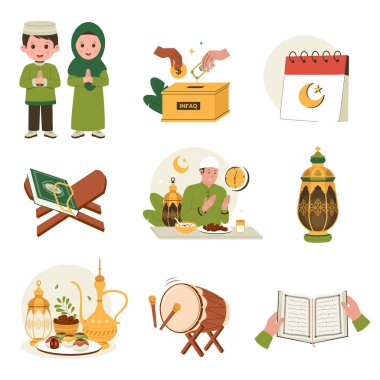 Ramazan illüstrasyonları koleksiyonu. Ramazan çocuklarının selamları, kahvaltı, Infaq, kazma, Kur 'an okuma. Web sitesi için resim, iniş sayfası, mobil uygulama, poster ve afiş. Moda düz vektör illüstrasyonu