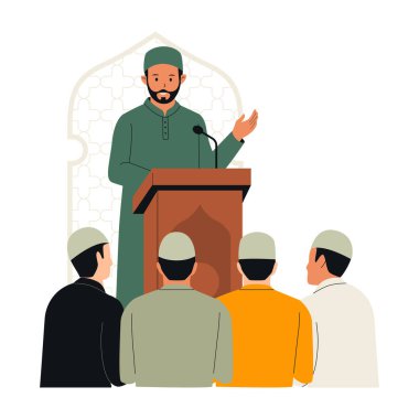 Müslüman bir İmam 'ın dini bir konferans verdiği tasviri. Web sitesi için resim, iniş sayfası, mobil uygulama, poster ve afiş. Moda düz vektör illüstrasyonu