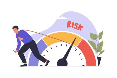 Risk seviyesini düşürme konsepti. İşadamı risk göstergelerini düşük seviyeye çekti. Web siteleri, iniş sayfaları, mobil uygulamalar, posterler ve afişler için çizimler