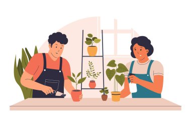 Ev bitkilerinin bakım konsepti. Erkek ve kadın saksı bitkileriyle ilgileniyor. Web siteleri, iniş sayfaları, mobil uygulamalar, posterler ve afişler için resim.