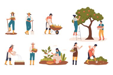 Tarım işçileri kavramının çizimini yapın. Tarım işçileri mahsul ekiyor, hasat topluyor. Web sitesi, iniş sayfası, mobil uygulama, poster ve afiş.