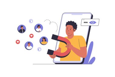 Sosyal medya kavramına ulaşır. Web siteleri, iniş sayfaları, mobil uygulamalar, posterler ve afişler için çizimler.