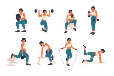 Kadın spor salonu konseptinin çizimi. Spor salonunda halterle spor yapan kadın karakter, sağlıklı yaşam tarzı. Web sitesi, iniş sayfası, mobil uygulama, poster ve afiş.
