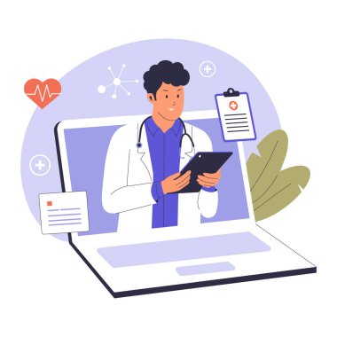 Teletıp Illustration konsepti. Çevrimiçi Sağlık ve Sanal Doktor Danışmanlığı. Web siteleri, iniş sayfaları, mobil uygulamalar, posterler ve afişler için çizimler