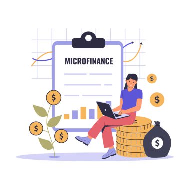 Mikro Finans Tasviri. Küçük işletme kredisi, finansal destek ve ekonomik büyüme. Web siteleri, iniş sayfaları, mobil uygulamalar, posterler için çizimler