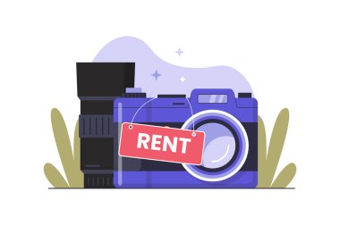 Profesyonel Fotoğrafçılık için Kamera Kiralama Servisi 'nin Düz İllüstrasyonu. Web siteleri, iniş sayfaları, mobil uygulamalar, posterler ve afişler için resim