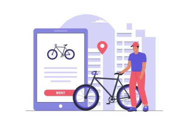 Kentsel Taşımacılık için Motosiklet Kiralama Servisi Modern Flat Illustration. Web siteleri, iniş sayfaları, mobil uygulamalar, posterler ve afişler için resim