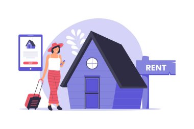 Seyahat Konaklama ve Turizm İçin Ev Kolaylığı Kiralama Sabit Vektör Resimleri. Web siteleri, iniş sayfaları, mobil uygulamalar, posterler ve afişler için resim
