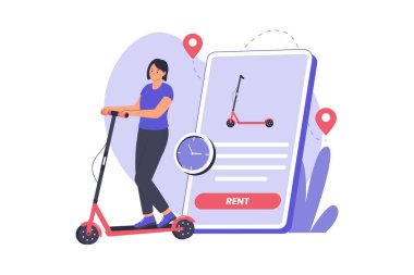 Şehir Taşımacılık için Kentsel Scooter Kiralama Hizmetinin Daire Tasarımı. Web siteleri, iniş sayfaları, mobil uygulamalar, posterler ve afişler için resim