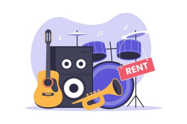 Müzisyenler ve Etkinlikler için Müzikal Enstrüman Kiralama Hizmeti Flat Illustration. Web siteleri, iniş sayfaları, mobil uygulamalar, posterler ve afişler için resim