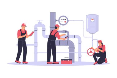 Tesisatçılar, Alet Kutusu ve Basınç Ölçüm Tablosu ile Borular üzerinde çalışıyor. Web sitesi için resim, iniş sayfası, mobil uygulama, poster ve afiş. Moda düz vektör illüstrasyonu