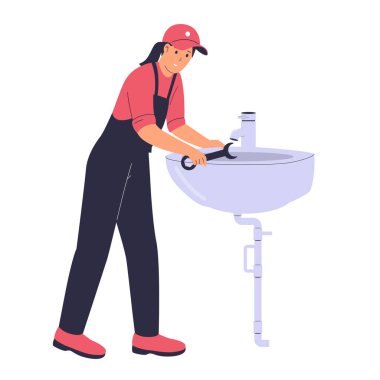 Kadın Tesisatçı Lavabo İllüstrasyonu. Web sitesi için resim, iniş sayfası, mobil uygulama, poster ve afiş. Moda düz vektör illüstrasyonu