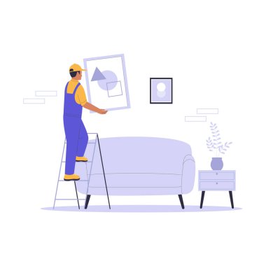 Bir Ev Tamircisinin Merdivene Resim Çerçevesi Asması. Web siteleri, iniş sayfaları, mobil uygulamalar, posterler ve afişler için resim