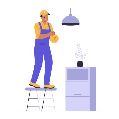 Bir Ev Tamircisinin Merdivendeki Ampulü Değiştirmesi. Web siteleri, iniş sayfaları, mobil uygulamalar, posterler ve afişler için resim