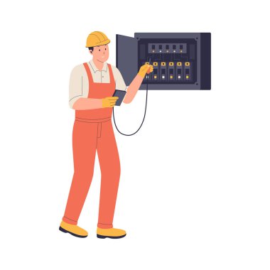 Elektrikçiler elektrik paneli ve pil tamir ediyorlar. Web siteleri, iniş sayfaları, mobil uygulamalar, posterler ve afişler için çizimler