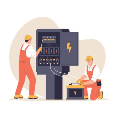 Elektrikçiler elektrik paneli ve pil tamir ediyorlar. Web siteleri, iniş sayfaları, mobil uygulamalar, posterler ve afişler için çizimler