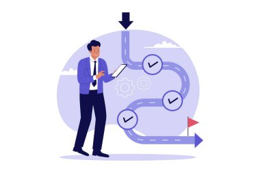 Başlangıç Yolu Haritasının İllüstrasyonu. İş Milestone Planlama ve Strateji Çizimi. Web siteleri, iniş sayfaları, mobil uygulamalar, posterler ve afişler için çizimler