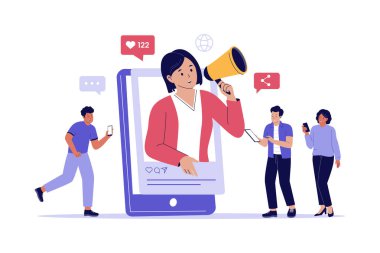 Etki Kampanyası 'nın İllüstrasyonu. Mobil Nişanlı Sosyal Medya Pazarlama İllüstrasyonu. Web siteleri, iniş sayfaları, mobil uygulamalar, posterler ve afişler için çizimler