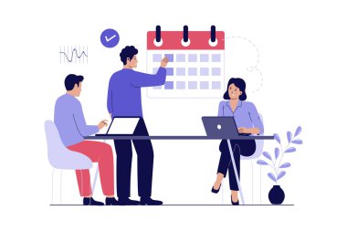 Haftalık Kayıt Kontrol Ekibi Çizimi. Ofis çalışanları düzenli proje güncelleme toplantısı yapıyorlar. Web siteleri, iniş sayfaları, mobil uygulamalar, posterler ve afişler için çizimler