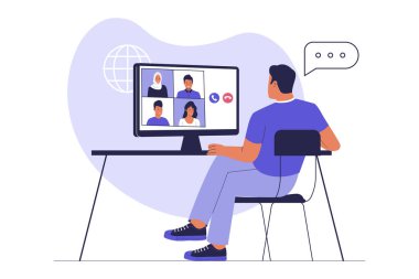 Ekip üyeleriyle görüntülü görüşme. Çevrimiçi Toplantı ve Uzaktan İletişim İllüstrasyonu. Web siteleri, iniş sayfaları, mobil uygulamalar, posterler ve afişler için resim