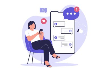 Sosyal Medya Mesajlaşması ve Bildirimleri. Smartphone Illustration 'da Kadın Sohbeti. Web siteleri, iniş sayfaları, mobil uygulamalar, posterler ve afişler için resim
