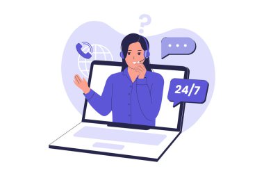 Çevrimiçi Müşteri Desteği 7 / 24. Yardım Servisi için Sanal Yardım Çizimi. Web siteleri, iniş sayfaları, mobil uygulamalar, posterler ve afişler için resim