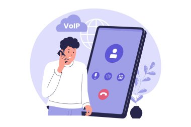 Smartphone üzerinden Ses ve İnternet Protokol İletişimi. Web siteleri, iniş sayfaları, mobil uygulamalar, posterler ve afişler için çizimler