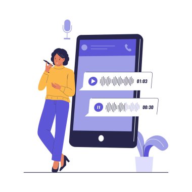 Mobil Sesli Sohbet Uygulamasını Kullanan Kadın İmajı. Web siteleri, iniş sayfaları, mobil uygulamalar, posterler ve afişler için çizimler
